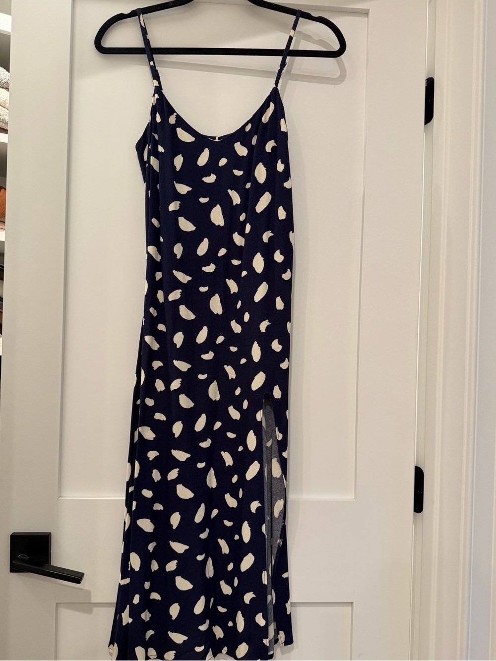 Reformation Navy and White Spotted Slip Midi Dress